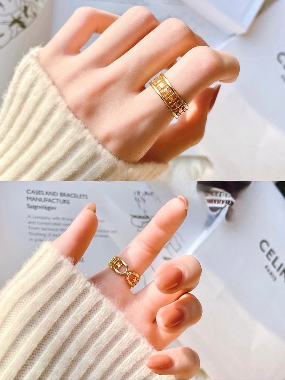 Celine Triomphe Multi Ring in Brass with Gold Finish Size 54